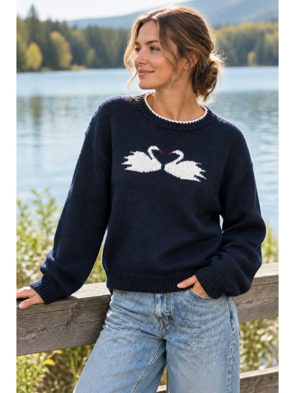 Swan Heart Bird Knit Sweater Contrasting Trim Crew Neck Long Sleeve Pullover